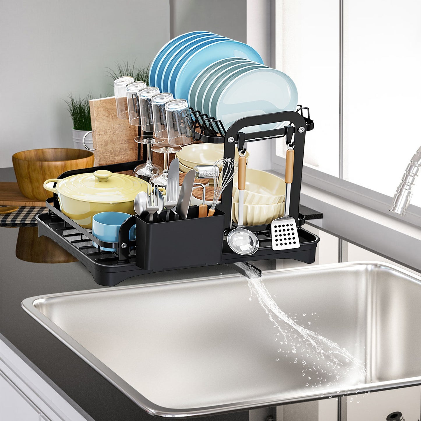 1Pc 2-Tier Dish Drying Rack For Kitchen Counter Space Saving Rustproof Dish Rack With Drainboard Detachable Kitchen Drainer Organizer Set With Utensil Holder Bowl Rack Dish Rack Chopping Board Rack