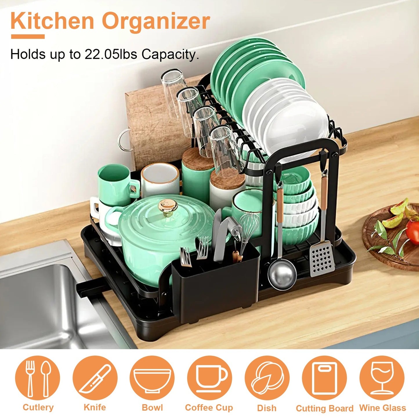 1Pc 2-Tier Dish Drying Rack For Kitchen Counter Space Saving Rustproof Dish Rack With Drainboard Detachable Kitchen Drainer Organizer Set With Utensil Holder Bowl Rack Dish Rack Chopping Board Rack