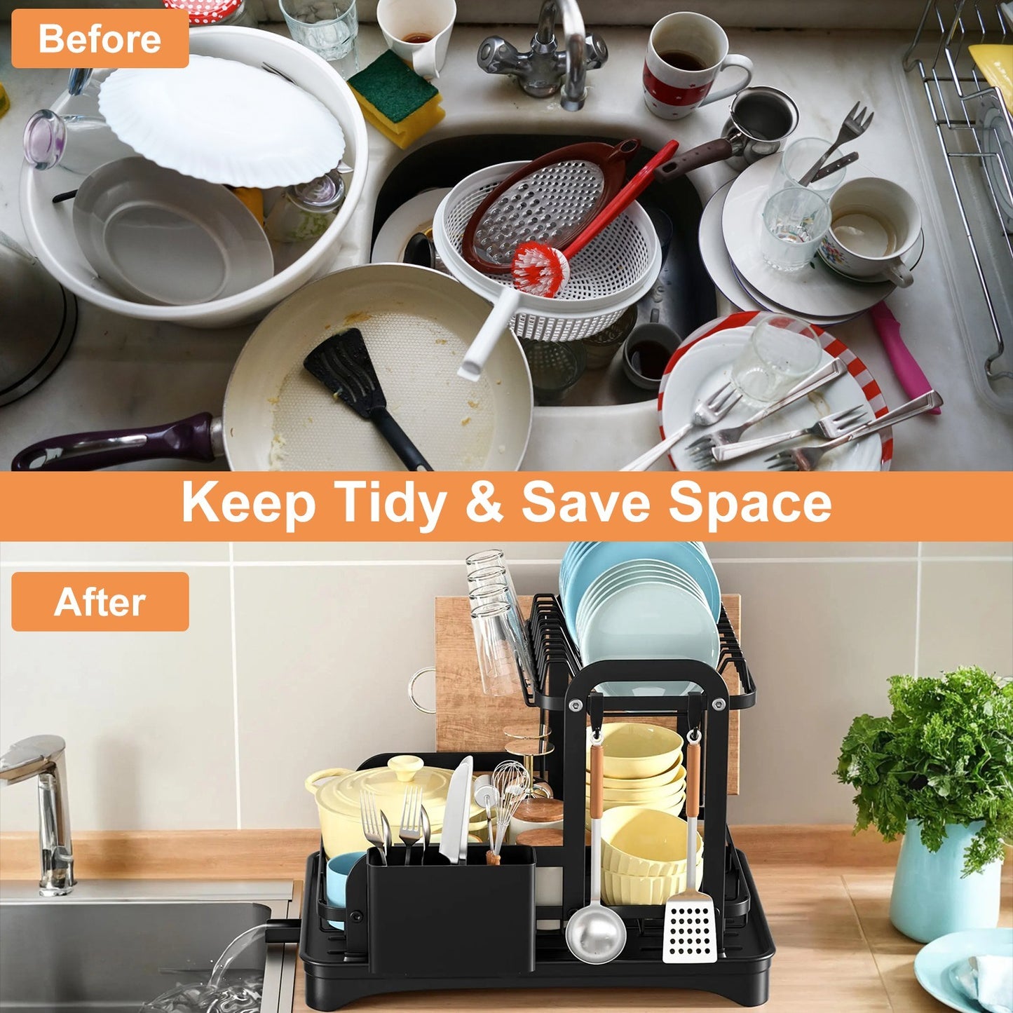 1Pc 2-Tier Dish Drying Rack For Kitchen Counter Space Saving Rustproof Dish Rack With Drainboard Detachable Kitchen Drainer Organizer Set With Utensil Holder Bowl Rack Dish Rack Chopping Board Rack