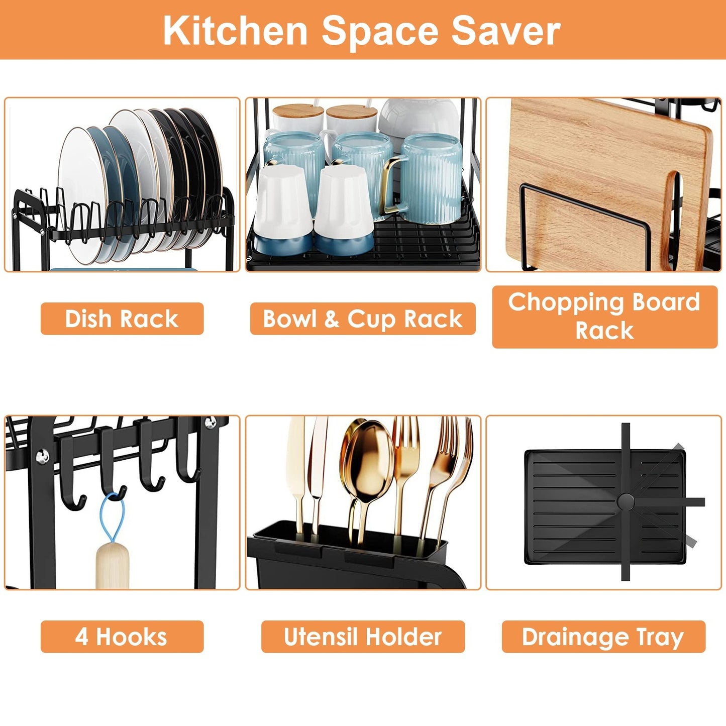 1Pc 2-Tier Dish Drying Rack For Kitchen Counter Space Saving Rustproof Dish Rack With Drainboard Detachable Kitchen Drainer Organizer Set With Utensil Holder Bowl Rack Dish Rack Chopping Board Rack